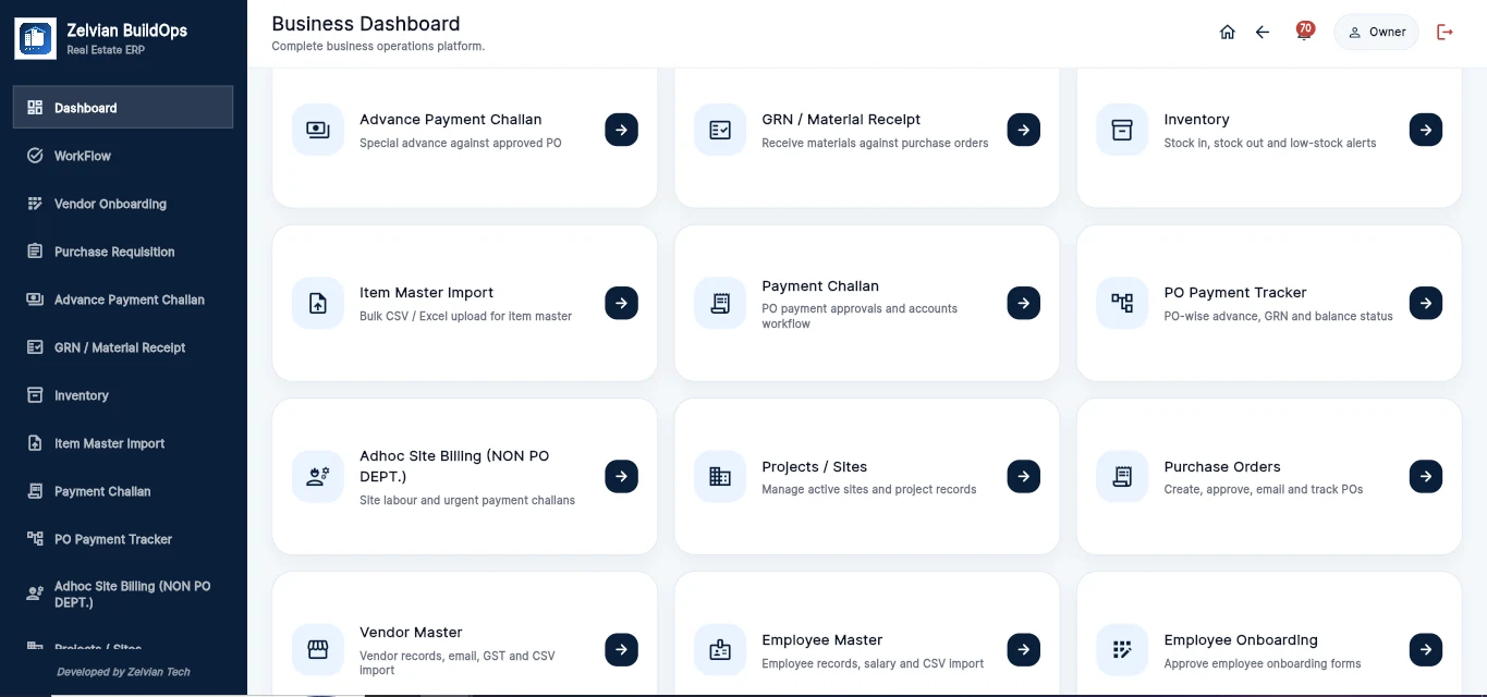 Zelvian BuildOps — Operations Module Grid actual interface screenshot
