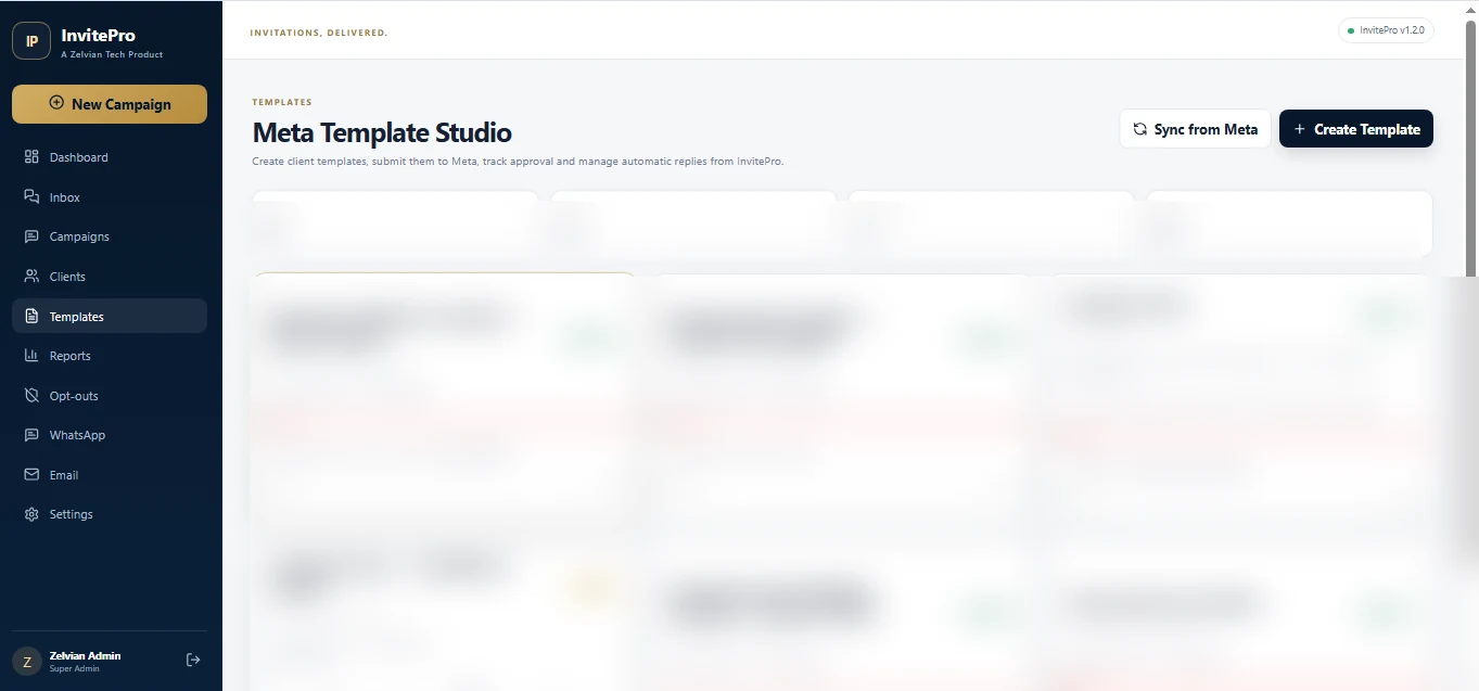 InvitePro — Meta Template Studio actual interface screenshot
